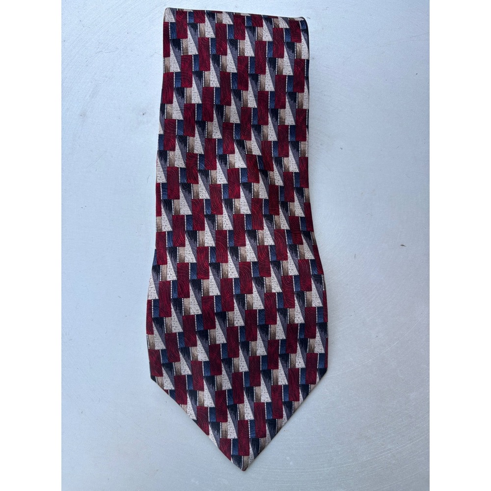 Pierre‎ Cardin Mens Silk Tie Burgundy Navy Geometric Abstract Pattern Classic